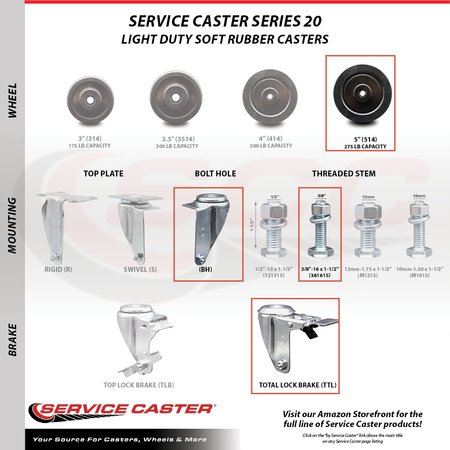Service Caster 5 Inch Soft Rubber Wheel Swivel 3/8 Inch Stem Caster Total Lock Brake SCC, 2PK SCC-TSTTL20S514-SRS-381615-2-S-2